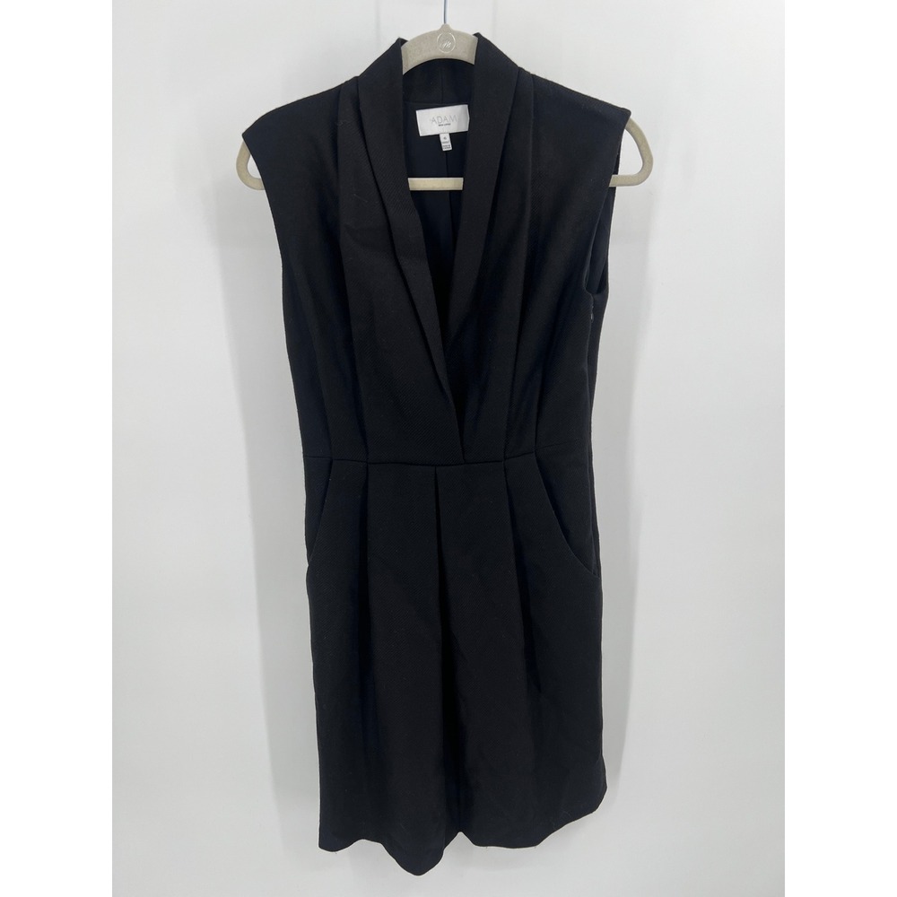 Adam Lippes Black 100% Wool Shawl Collar V-Neck Sheath Dress Silk Lined Size 6